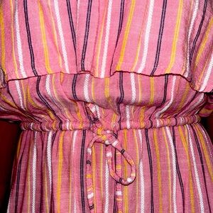 Coral Asymmetrical Dress with Blue&Yellow Stripes